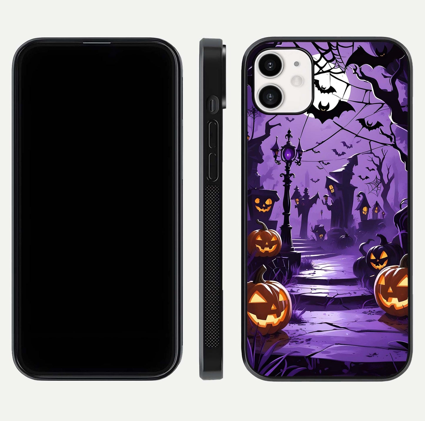 Pumpkin Patch Halloween Glass Case for iphone-12 front & back layout showing festive Halloween print