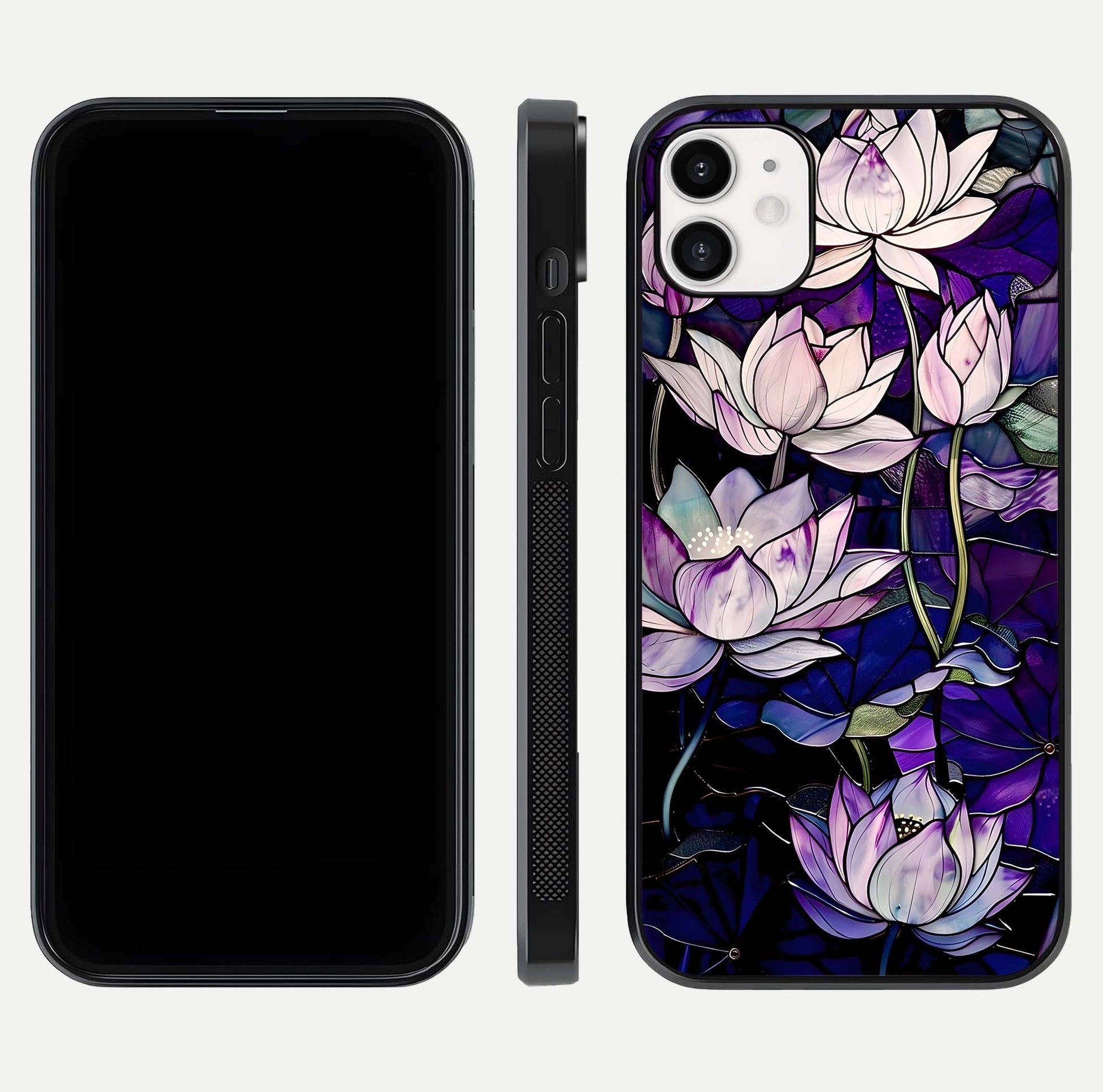 Purple Lotus Pattern Glass Case for iphone-12 front & back layout highlighting floral tones and soft edges