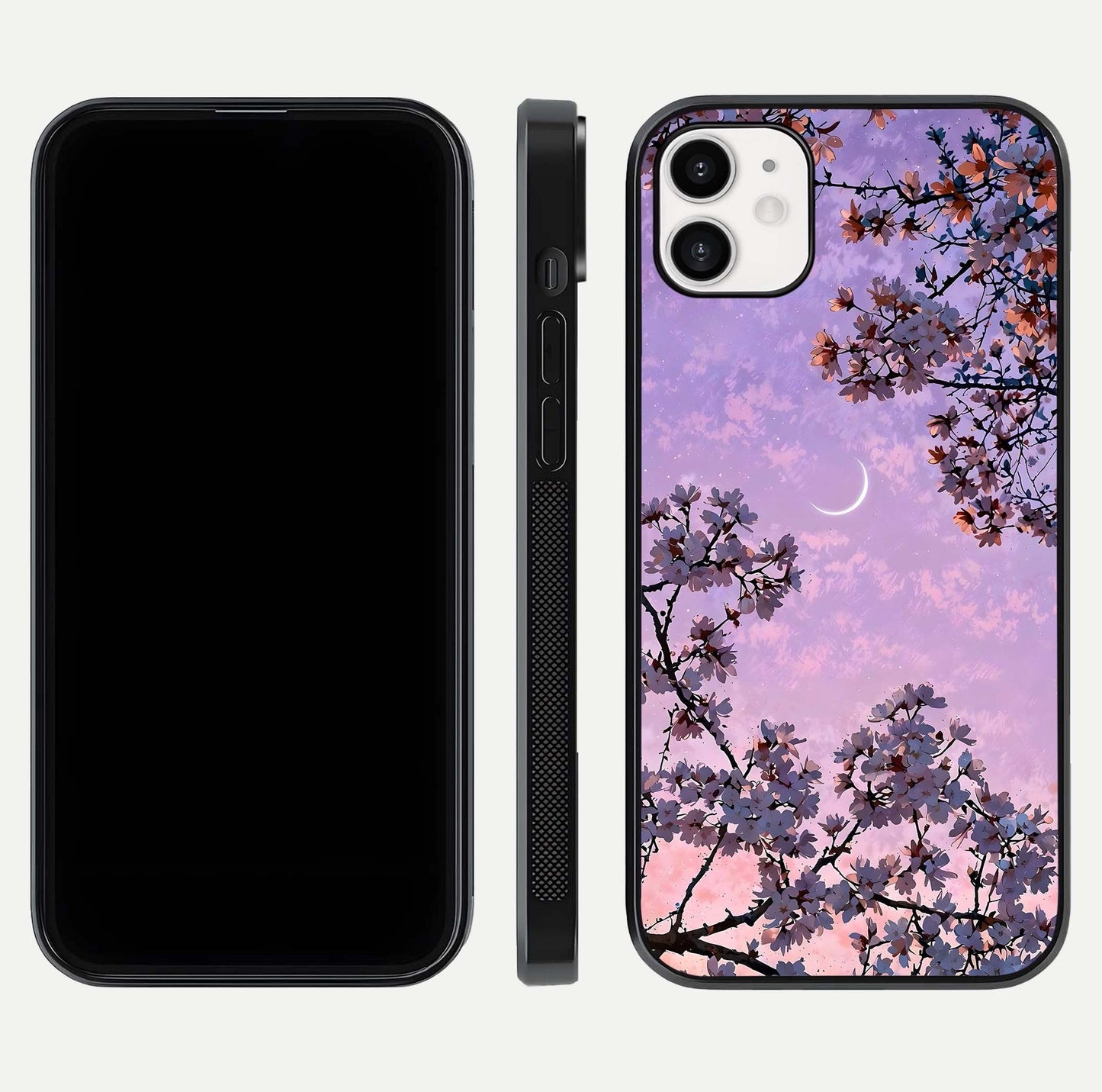 Purple Serenity Moon Glass Case for iphone-12 front & back layout highlighting celestial tones and curves