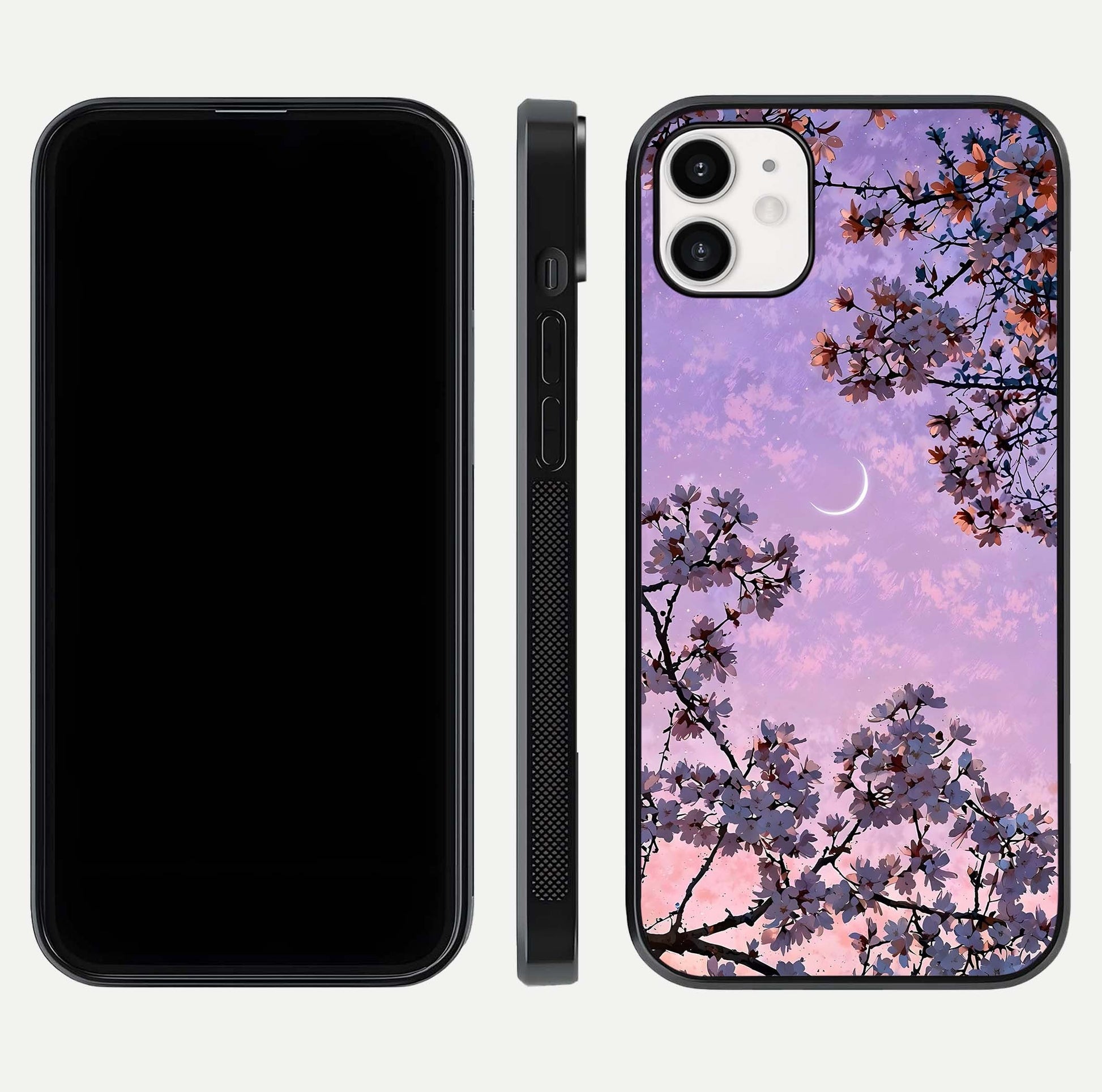 Purple Serenity Moon Glass Case for iphone-12 front & back layout highlighting celestial tones and curves