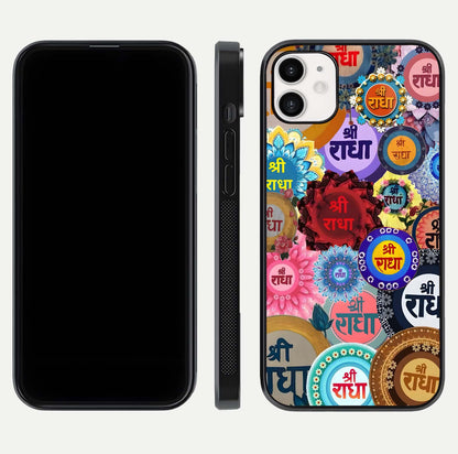 Radha Divine Bloom Glass Case for iphone-12 front & back layout showing spiritual tones and elegant edges