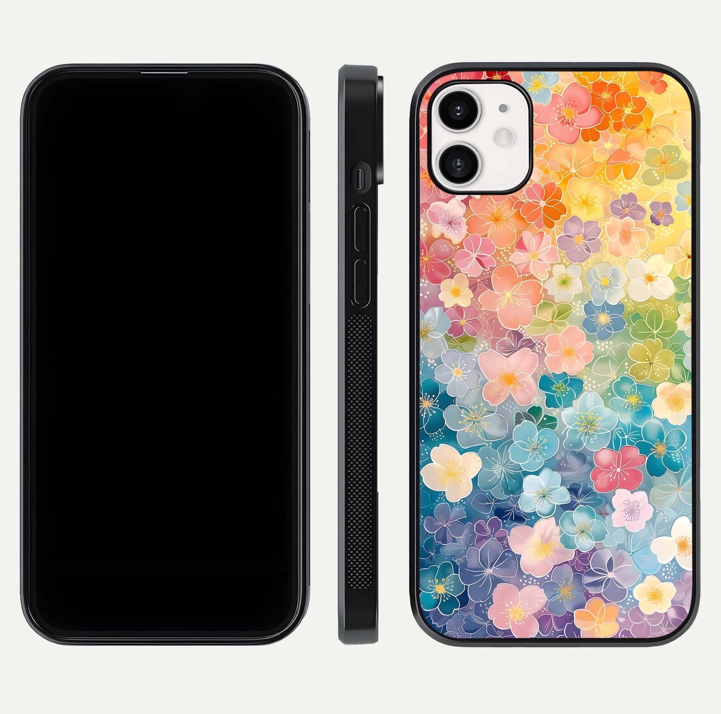 Rainbow Blossom Burst Glass Case for iphone-12 front & back layout showing bright tones and edge finish