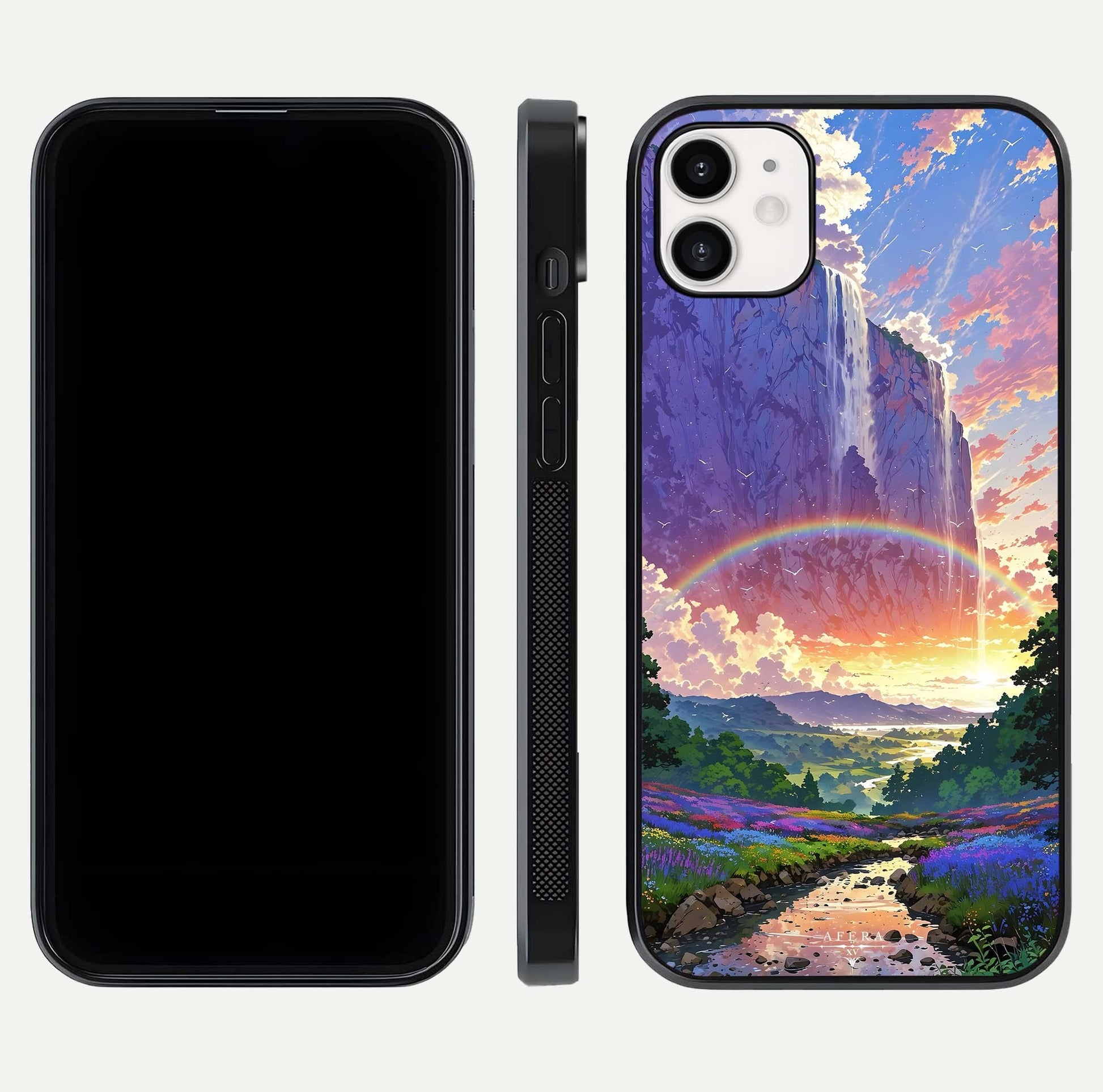 Rainbow Valley Dream Glass Case for iPhone 16 Pro front & back layout showing smooth color blend and curved edge