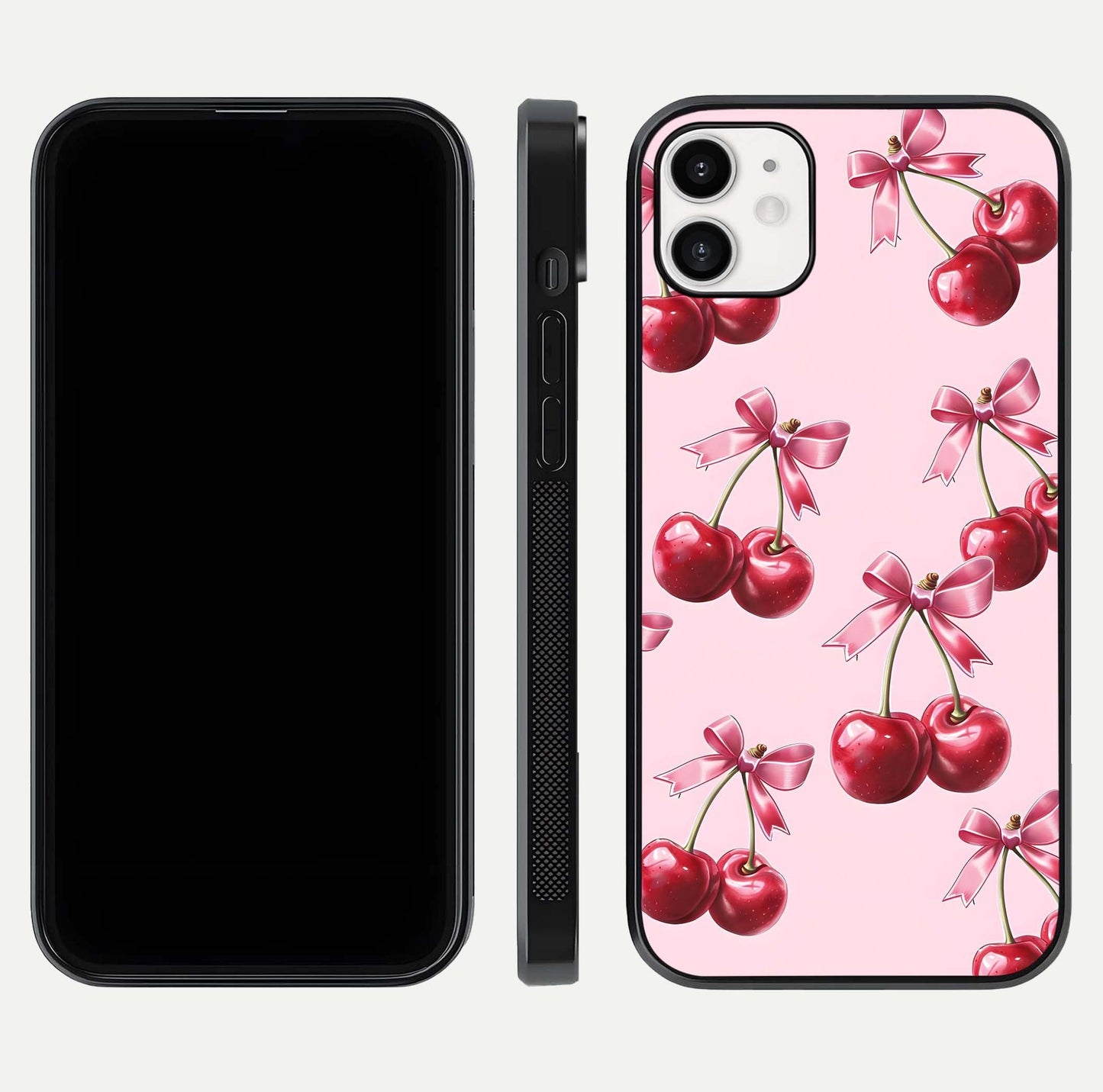 Red Cherries Pattern Glass Case for iphone-12 front & back layout highlighting vibrant fruit print and edges