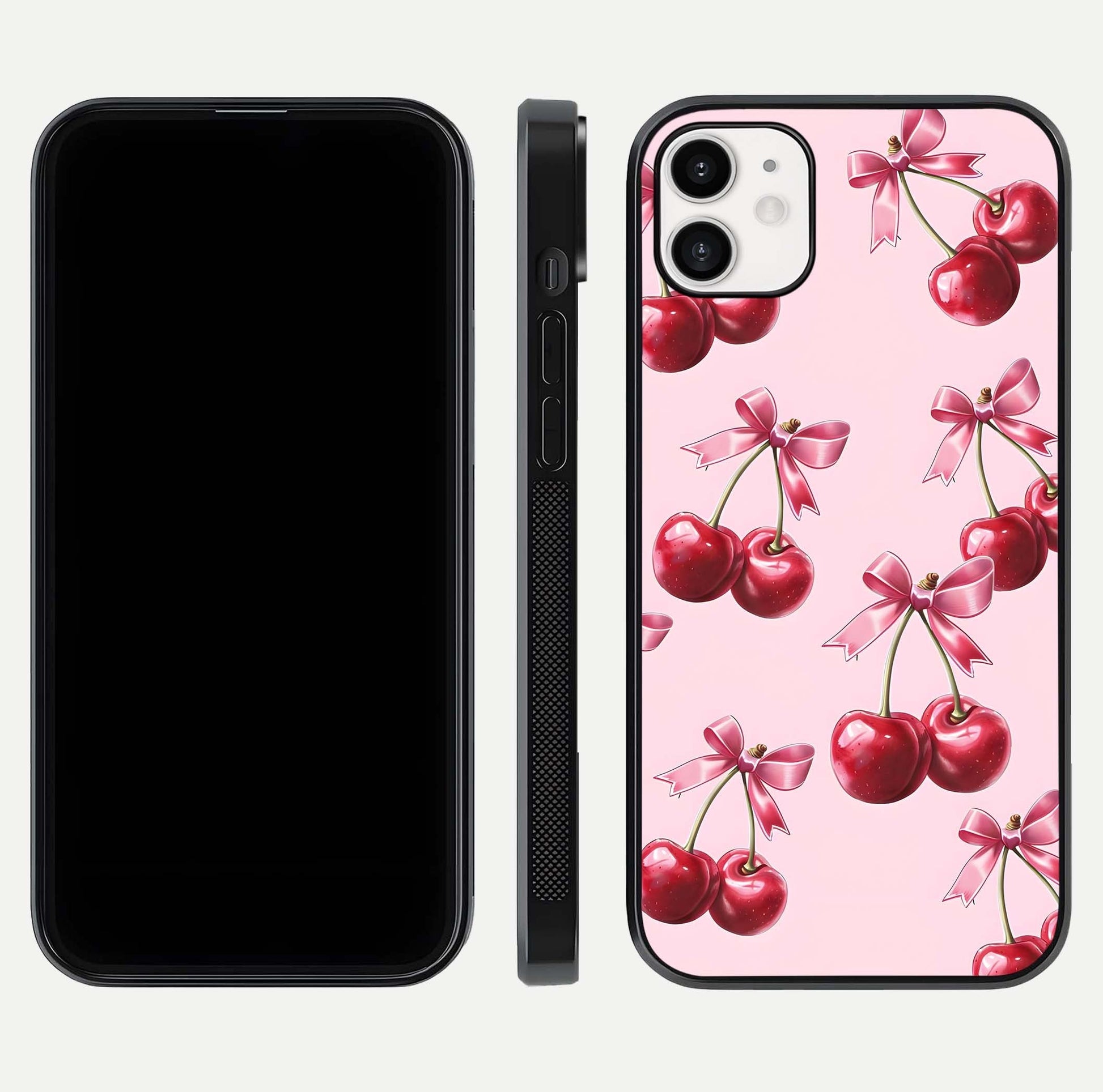 Red Cherries Pattern Glass Case for iphone-12 front & back layout highlighting vibrant fruit print and edges