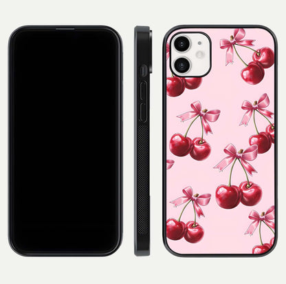 Red Cherries Pattern Glass Case for iphone-12 front & back layout highlighting vibrant fruit print and edges