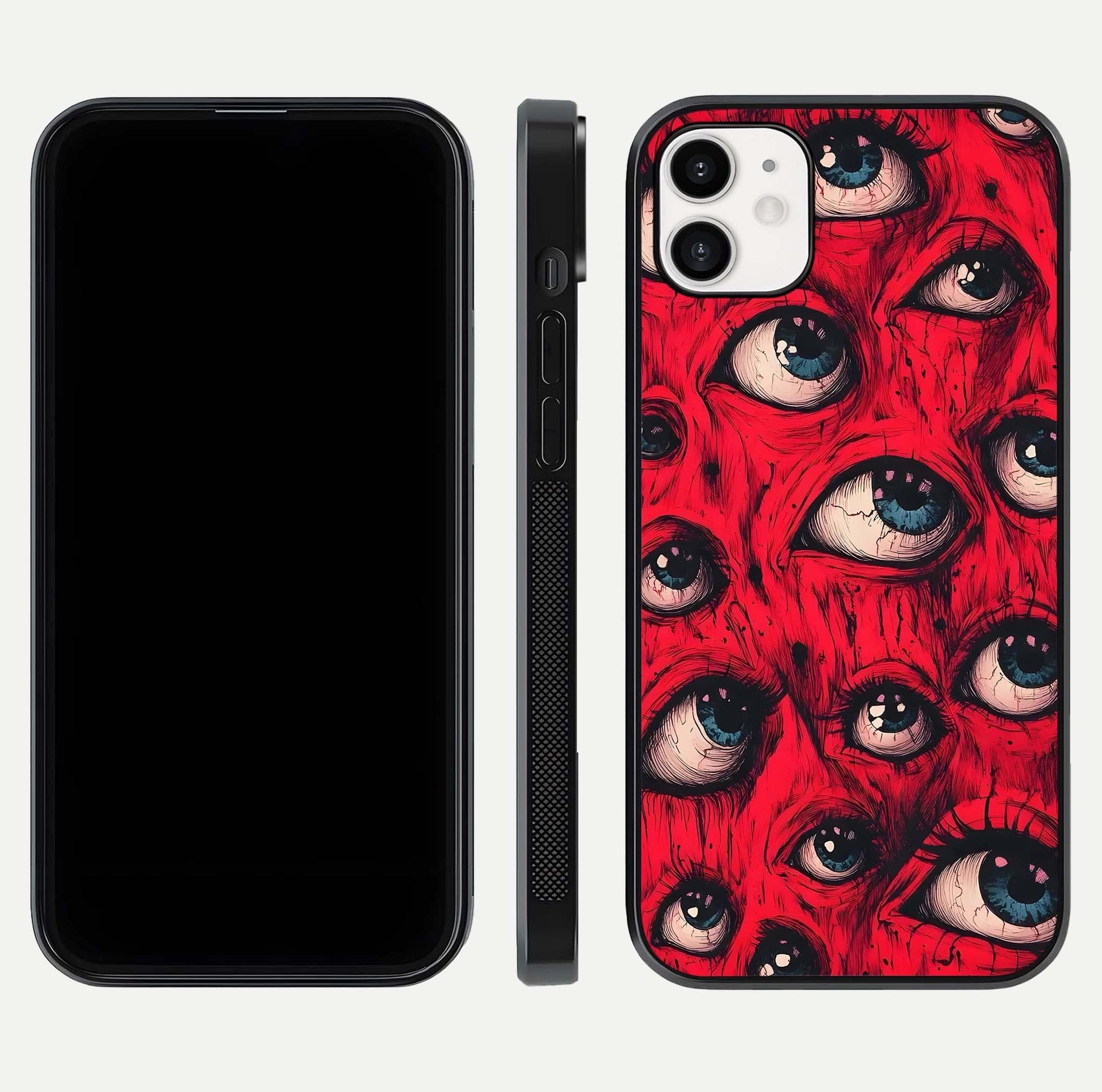 Red Eyes Pattern Glass Case for iphone-12 front & back layout showing sharp edge finish and design depth