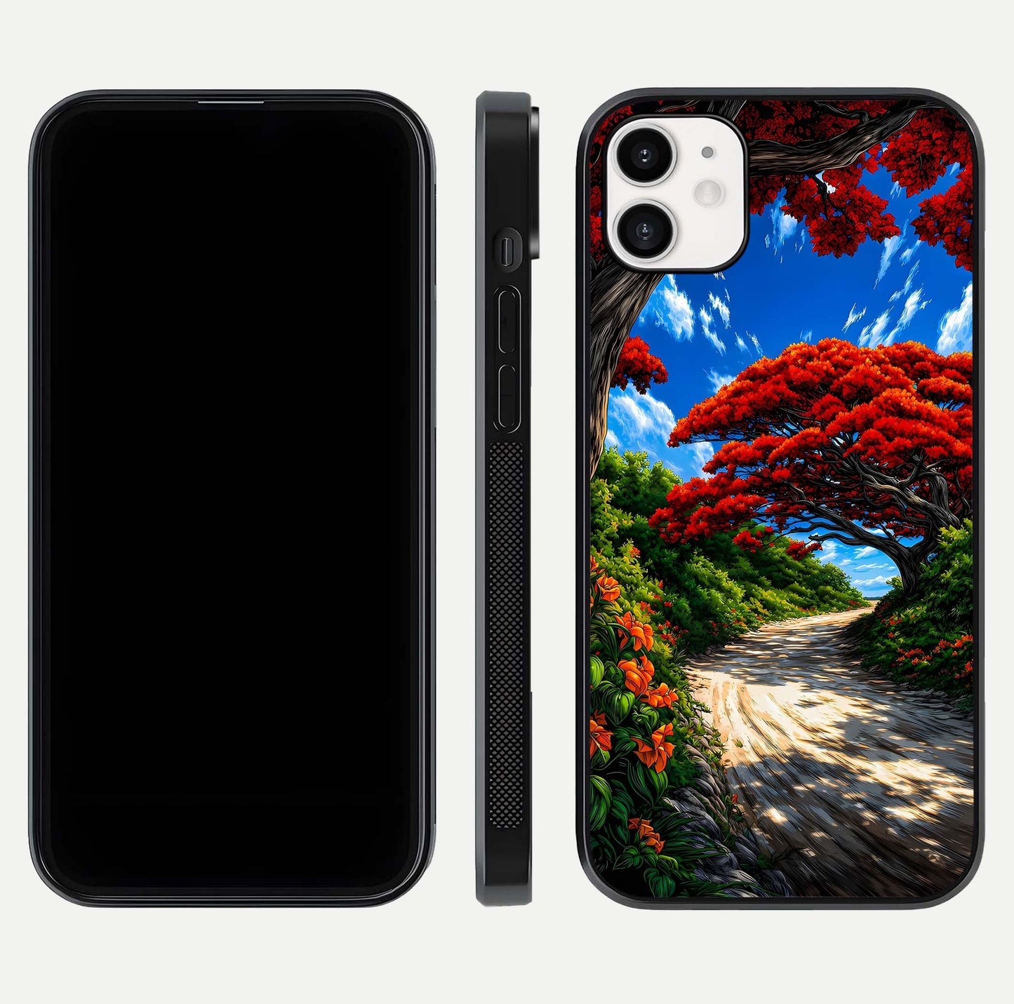 Red Trees Pathway Glass Case for iphone-12 front & back layout showing scenic tone blend and edges