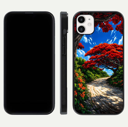 Red Trees Pathway Glass Case for iphone-12 front & back layout showing scenic tone blend and edges