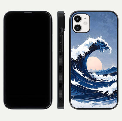 Rising Tide Power Glass Case for iphone-12 front & back layout showing ocean design and smooth glass edge