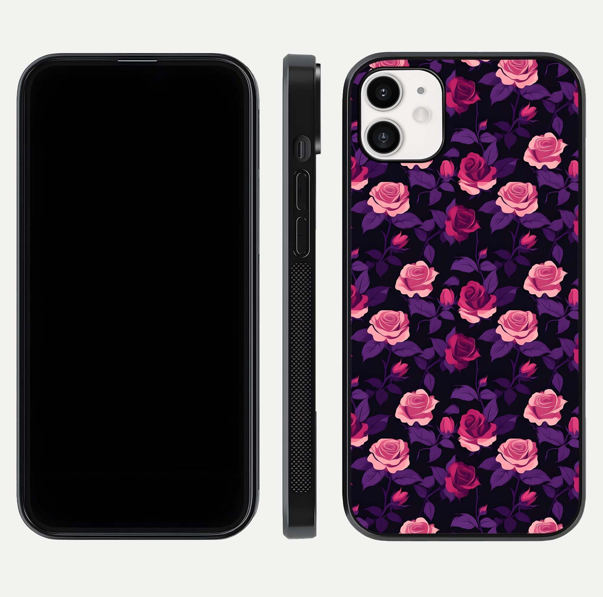 Rose Garden Twilight Glass Case for iphone-12 front & back layout showing rich twilight tones and edges
