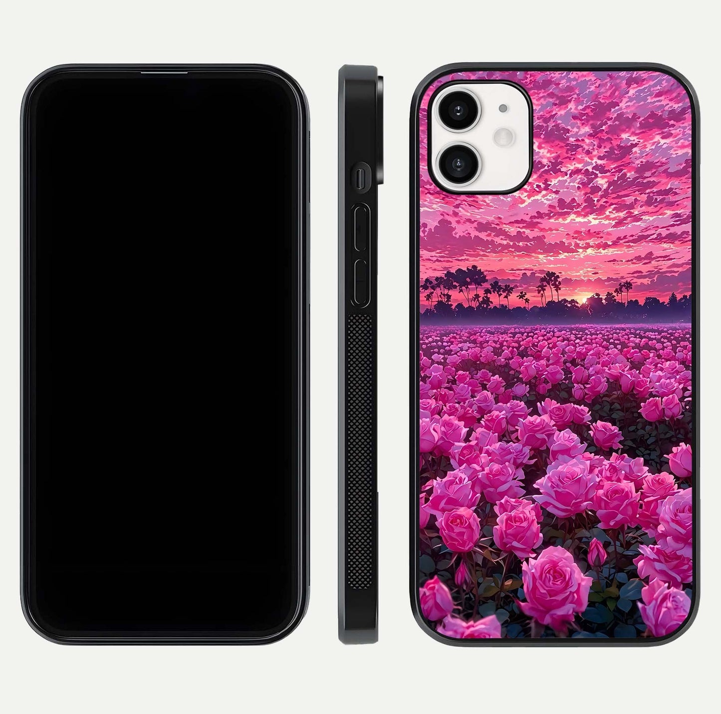 Rose Sunset Valley Glass Case for iphone-12 front & back layout highlighting gradient tones and glass shine
