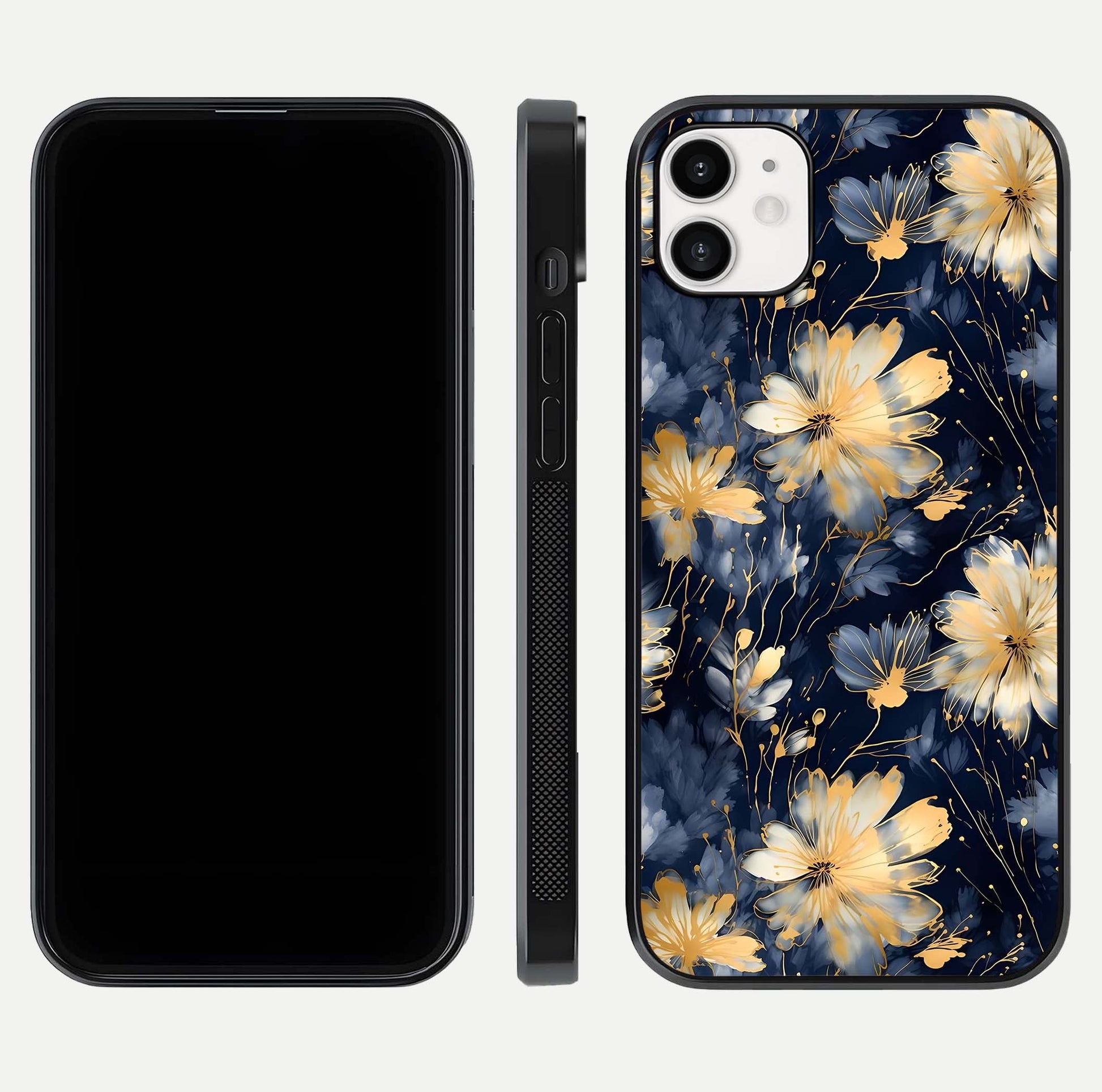 Royal Petal Dream Glass Case for iphone-12 front & back layout showing floral pattern and clean edge finish