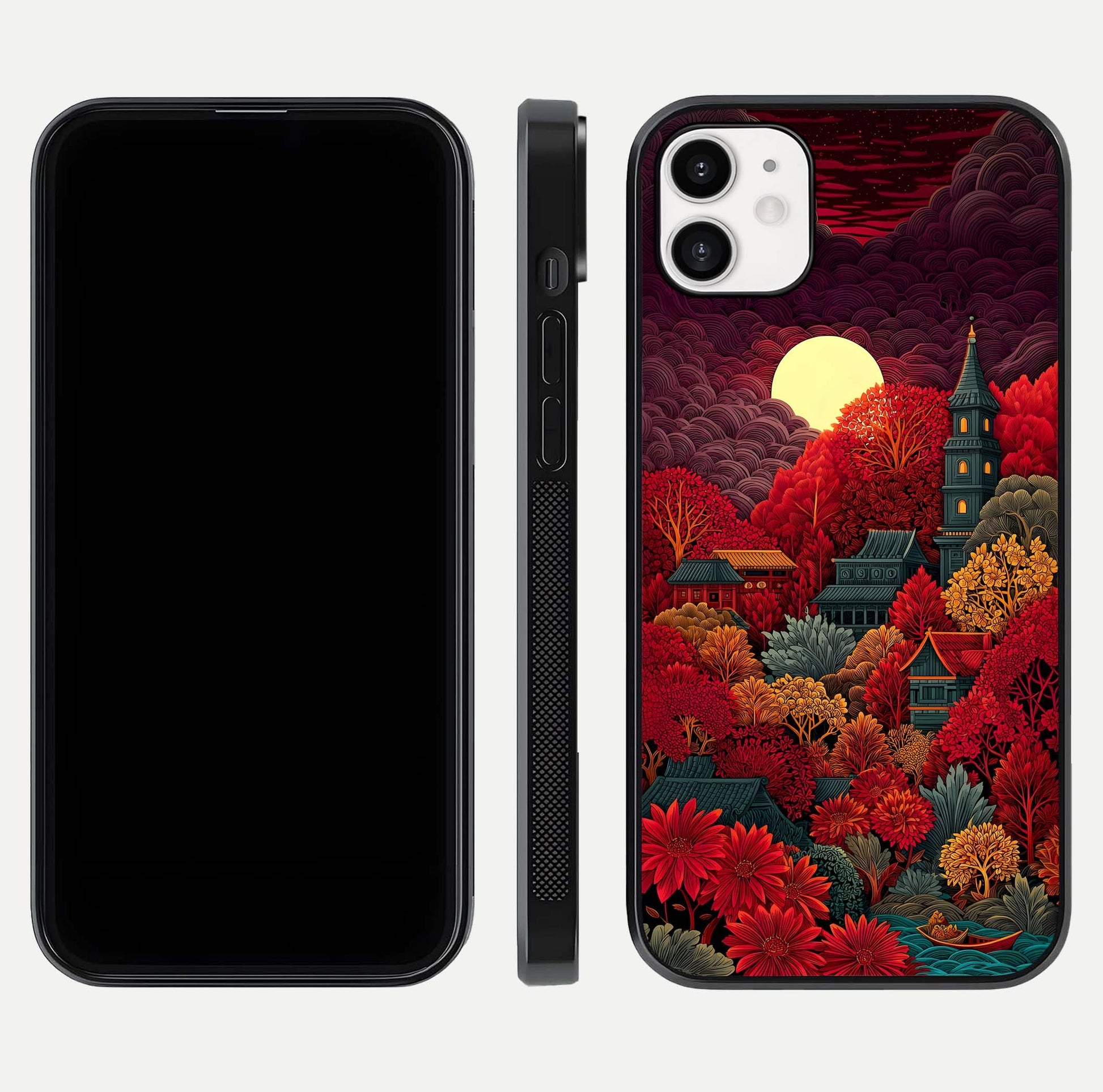 Scarlet Autumn Temple Glass Case for iphone-12 front & back layout showing scenic tones and curved edges