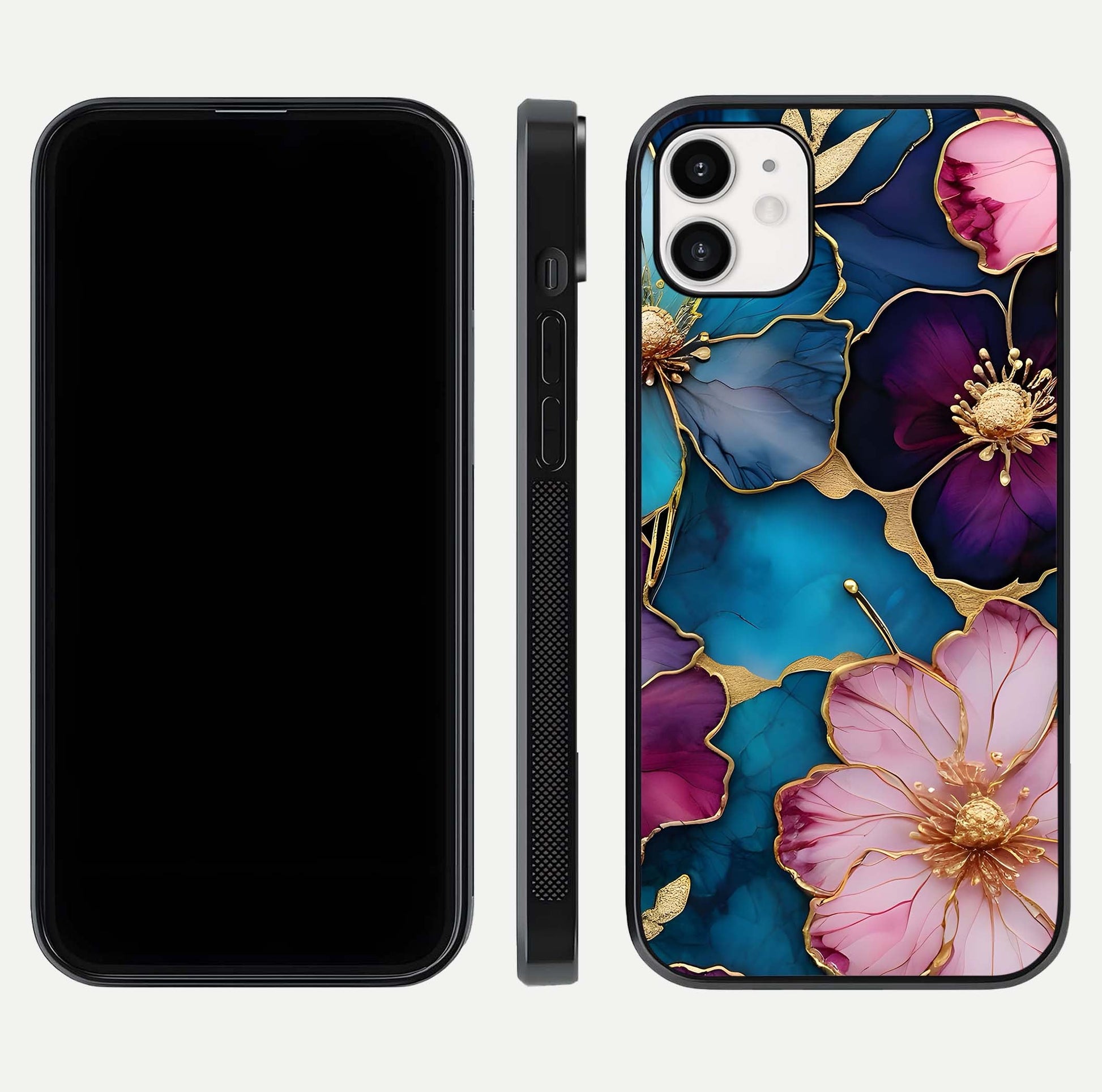 Sparkle Floral Glass Case for iphone-12 front & back layout showing floral print and edge clarity