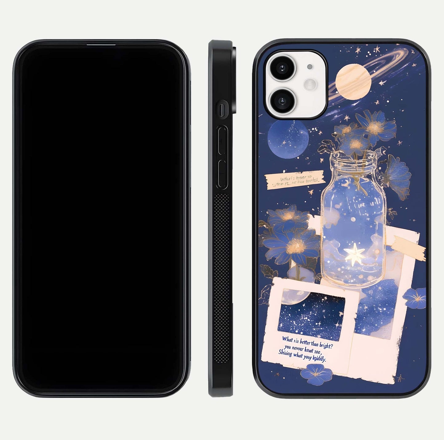 Starlit Cosmic Jar Glass Case for iphone-12 front & back layout showing cosmic pattern and curved glass edge