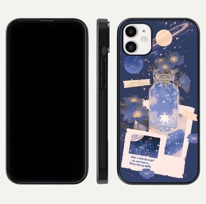 Starlit Cosmic Jar Glass Case for iphone-12 front & back layout showing cosmic pattern and curved glass edge