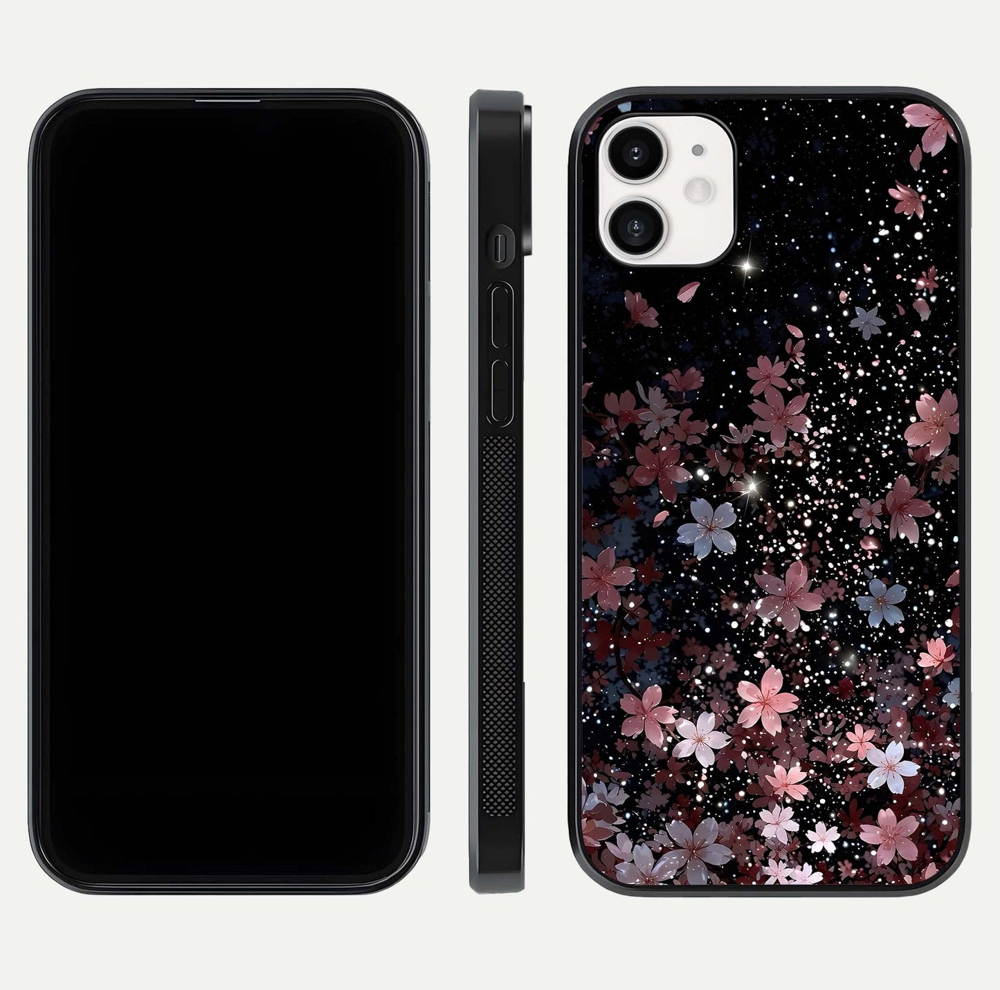 Starlit Flower Dreams Glass Case for iphone-12 front & back layout showing soft bloom design and curved edge
