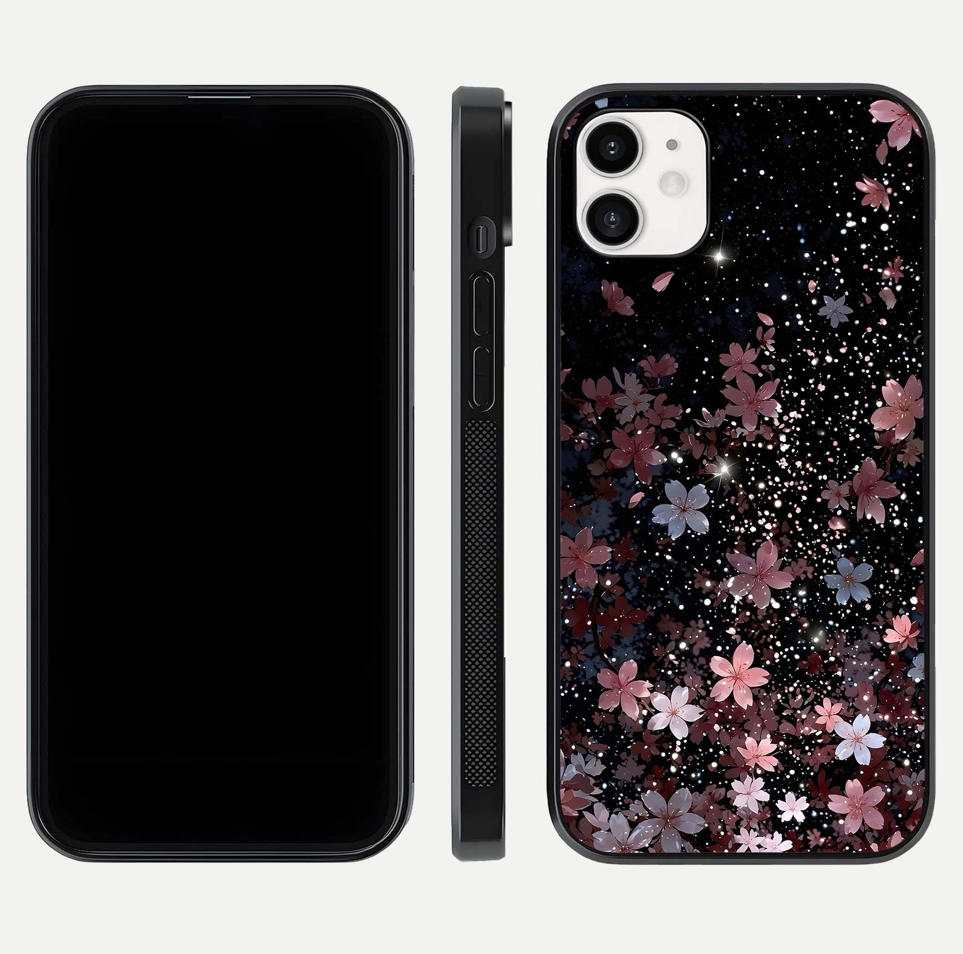 Starlit Flower Dreams Glass Case for iphone-12 front & back layout showing soft bloom design and curved edge