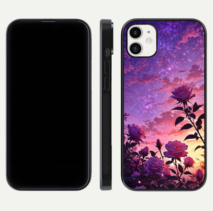 Starlit Rose Twilight Glass Case for iphone-12 front & back layout showing floral blend and glossy edge