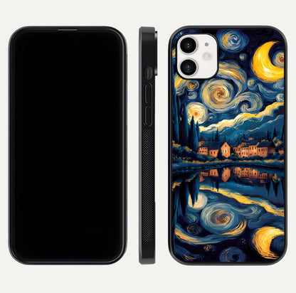 Starry Sky Serenity Glass Case for iphone-12 front & back layout showing stars and curved glass edges