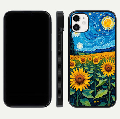 Starry Sunflower Dreams Glass Case for iphone-12 front & back layout showing floral blend and edge detail