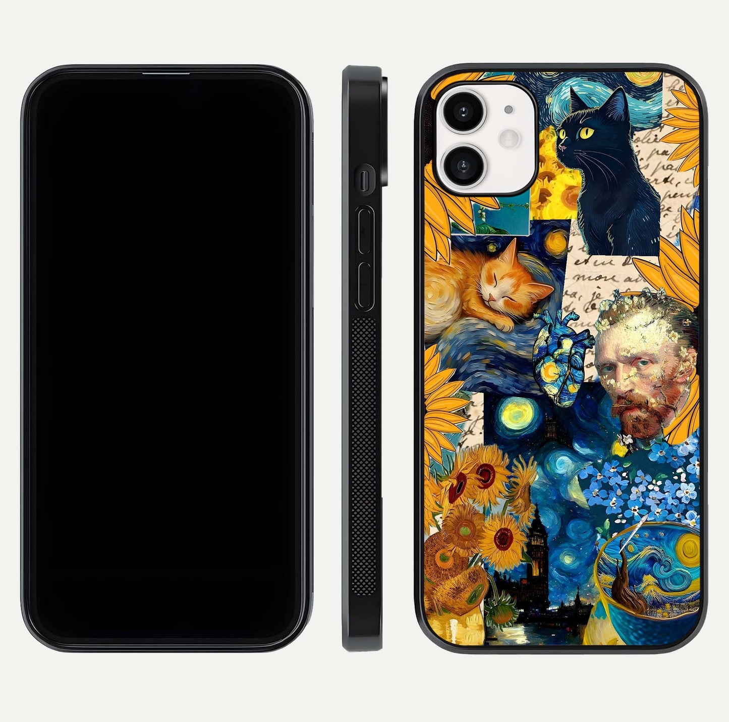 Sunflower Cat Art Glass Case for iphone-12 front & back layout showing detailed floral cat design and edges