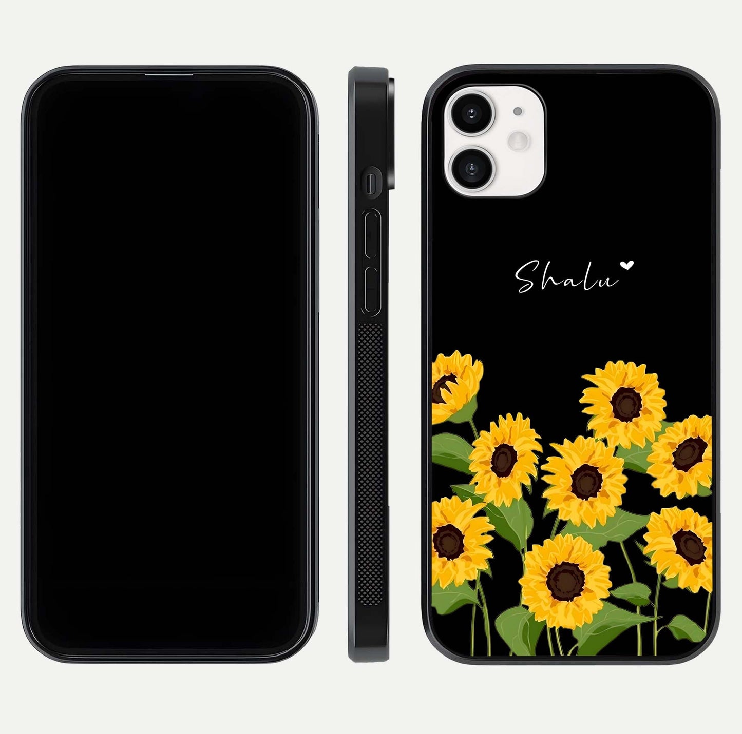 Sunflower Chic Mood Custom Name Glass Case for iPhone 16 Pro front & back layout highlighting custom text zone and shine