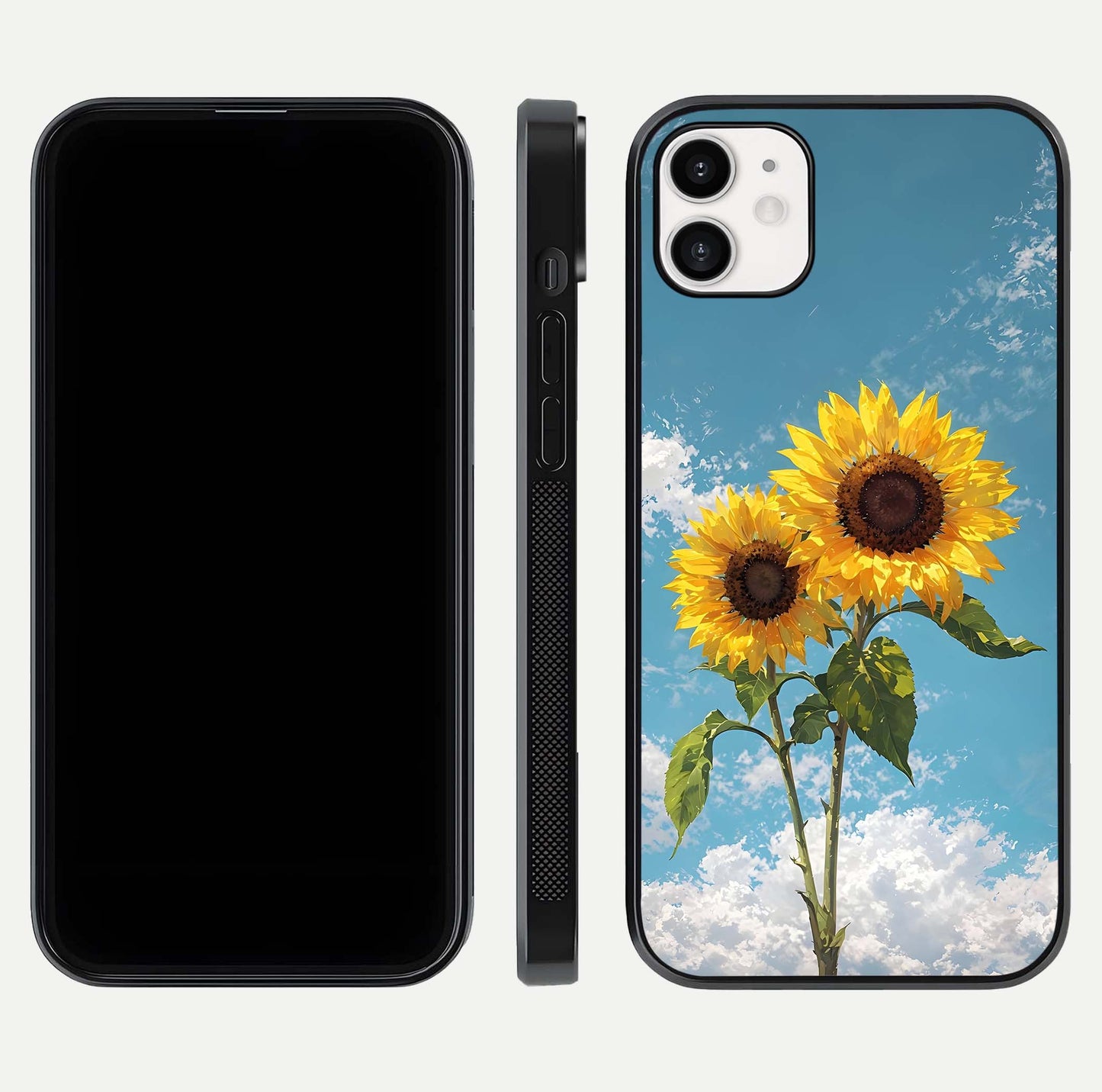 Sunflower Sky Bloom Glass Case for iphone-12 front & back layout showing soft blue tones and flower contrast