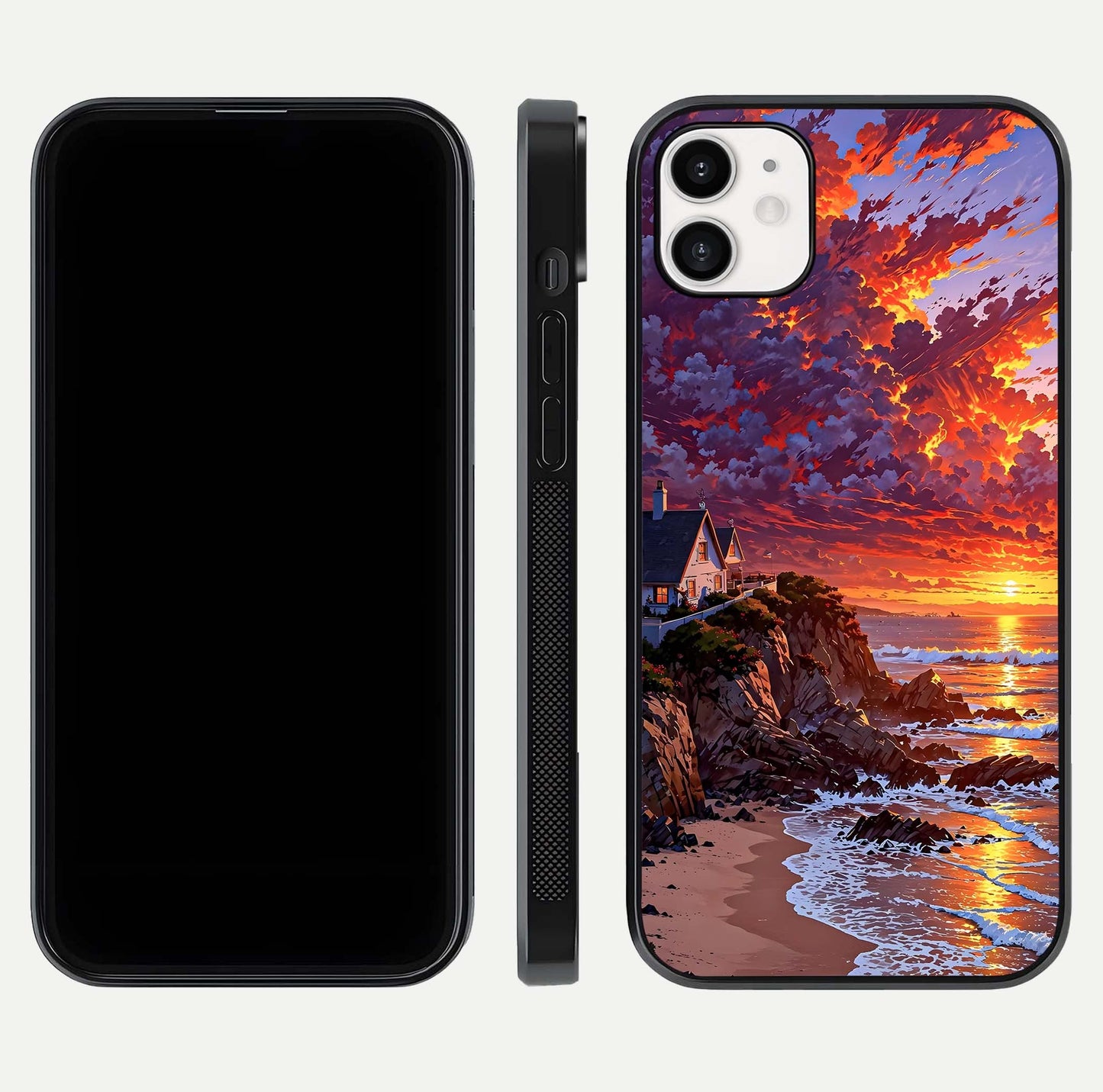 Sunset House by Sea Glass Case for iphone-12 front & back layout showing scenic gradient and curved edge