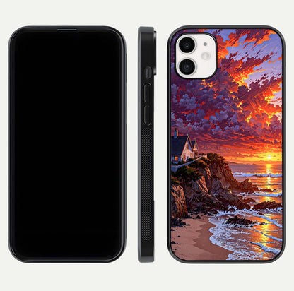 Sunset House by Sea Glass Case for iphone-12 front & back layout showing scenic gradient and curved edge