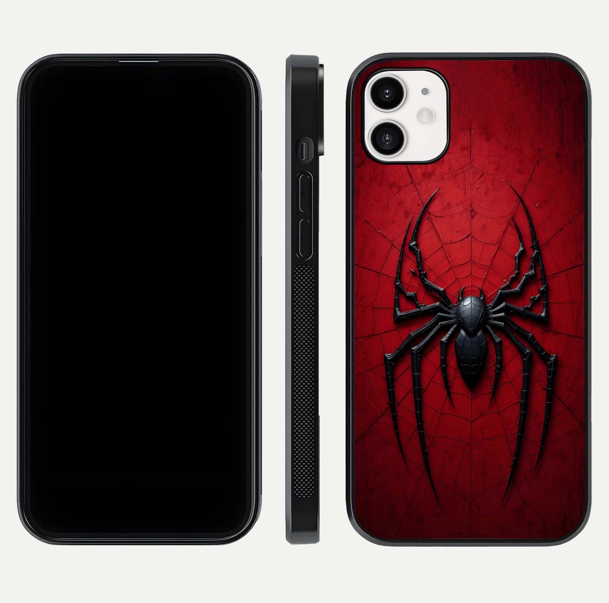 Venom Web Emblem Glass Case for iphone-12 front & back layout showing contrast art and curved glass edges