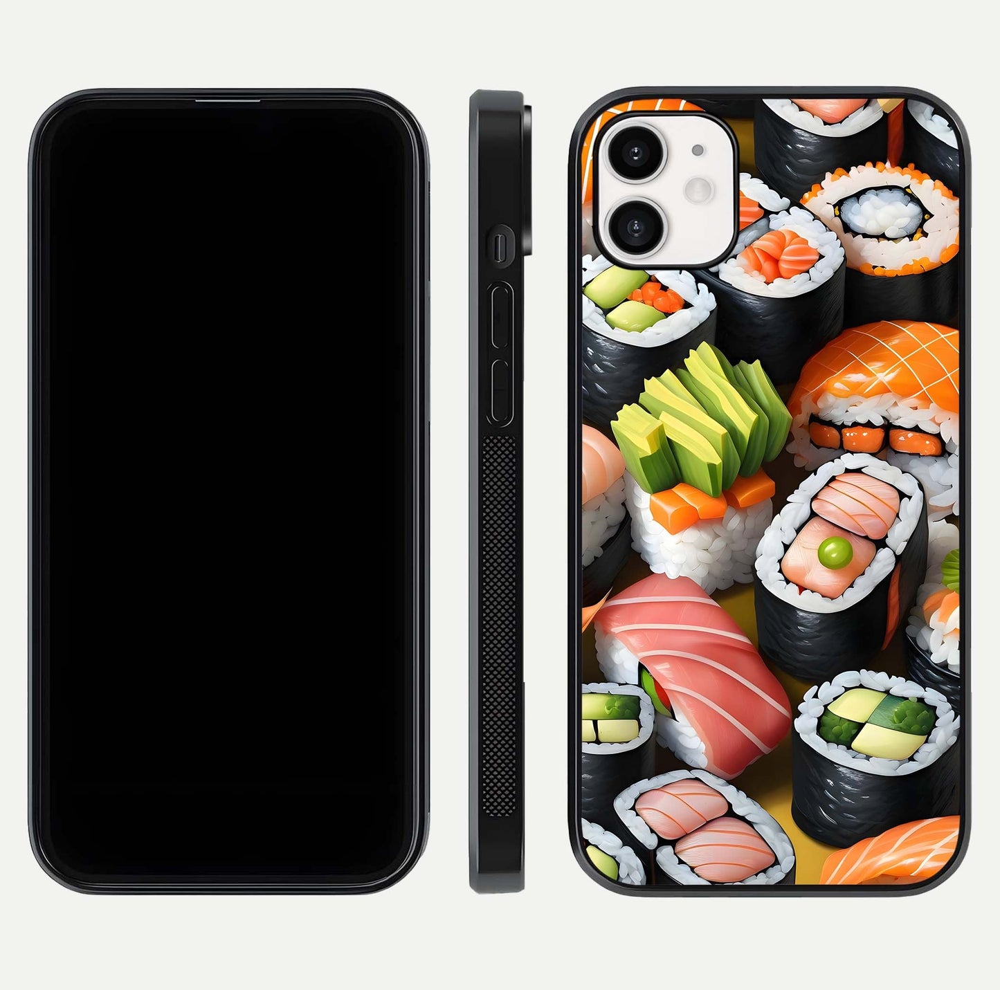 Sushi Food Pattern Glass Case for iphone-12 front & back layout showing playful food theme and clear edges