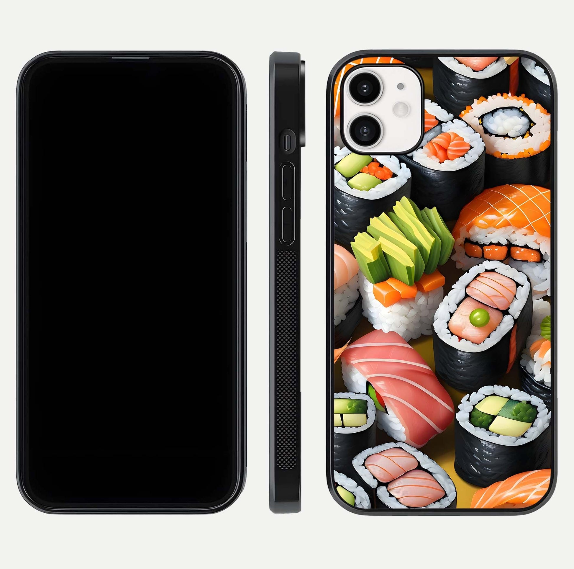 Sushi Food Pattern Glass Case for iphone-12 front & back layout showing playful food theme and clear edges