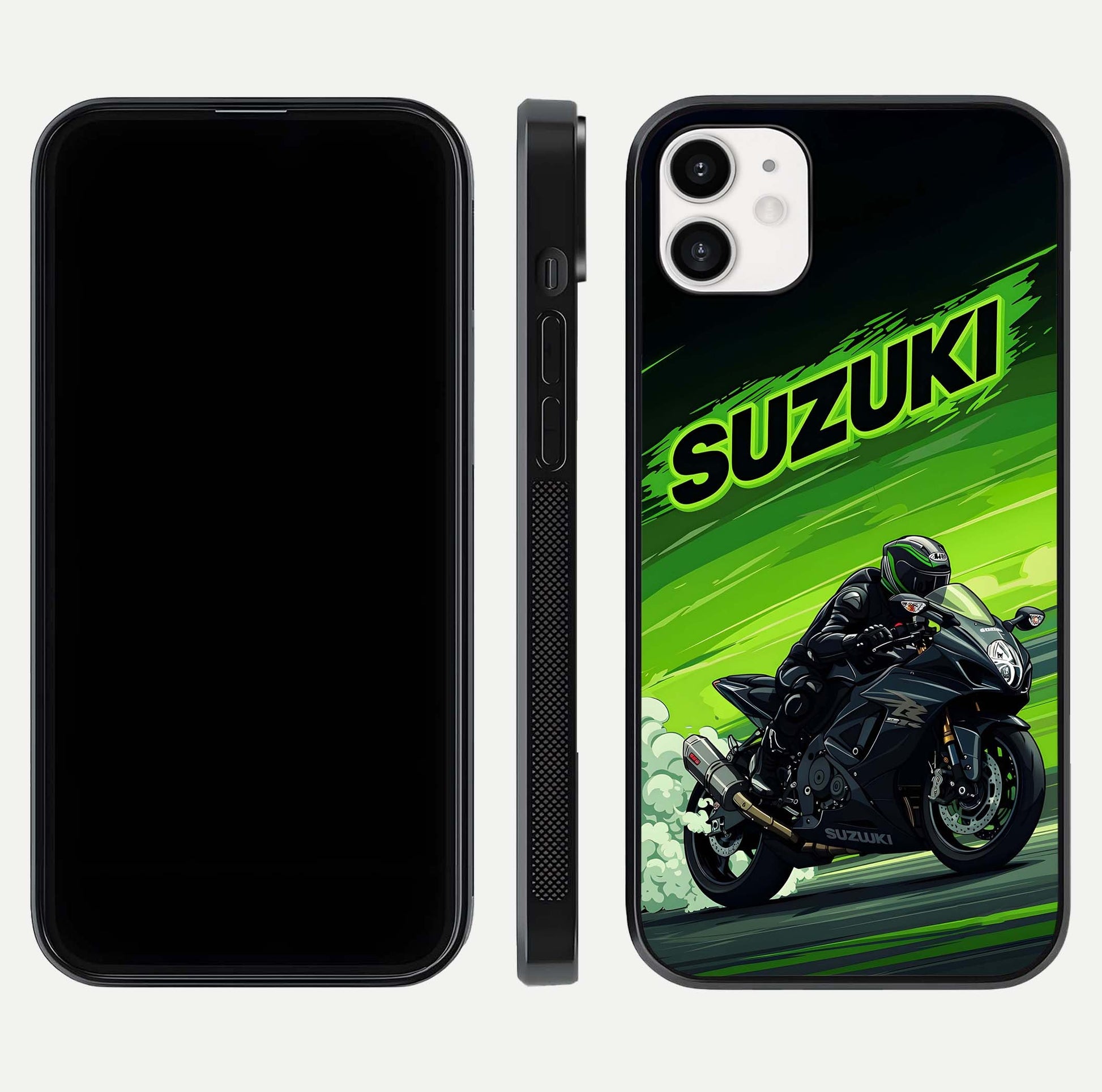 Suzuki Speed Beast Glass Case for iphone-12 front & back layout showing motion blur and sleek edges