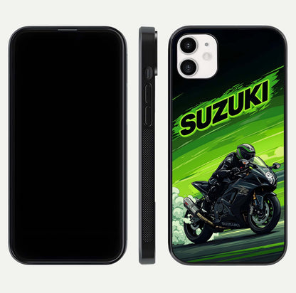 Suzuki Speed Beast Glass Case for iphone-12 front & back layout showing motion blur and sleek edges