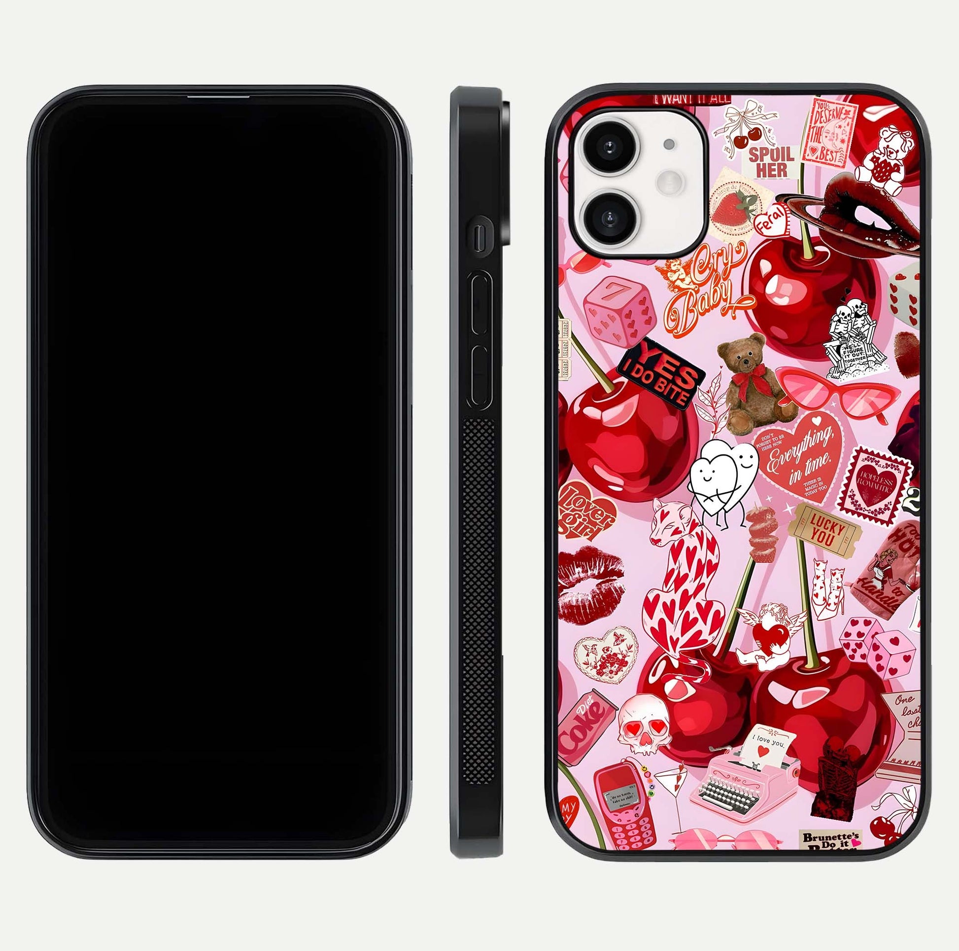 Sweet Cherry Chaos Glass Case for iphone-12 front & back layout showing vibrant cherries and smooth edges