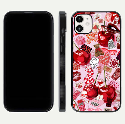 Sweet Cherry Chaos Glass Case for iphone-12 front & back layout showing vibrant cherries and smooth edges