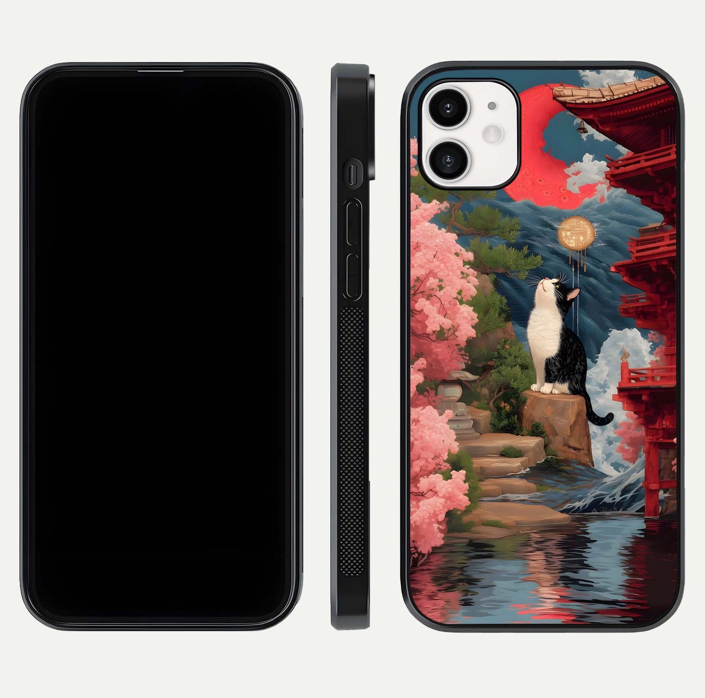 Temple Cat Scenery Glass Case for iphone-12 front & back layout showing scenic print and edge design