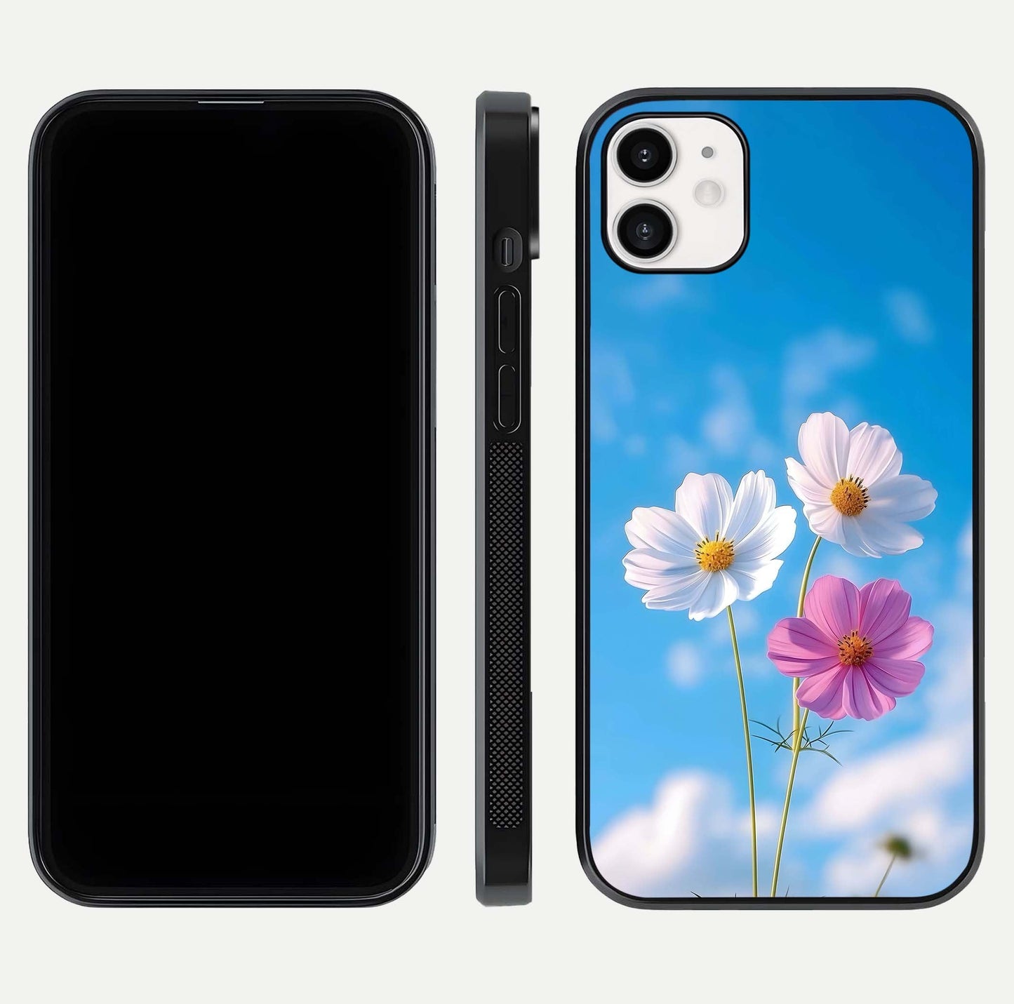 Triple Flowers With Sky Glass Case for iphone-12 front & back layout showing vivid tones and glossy surface