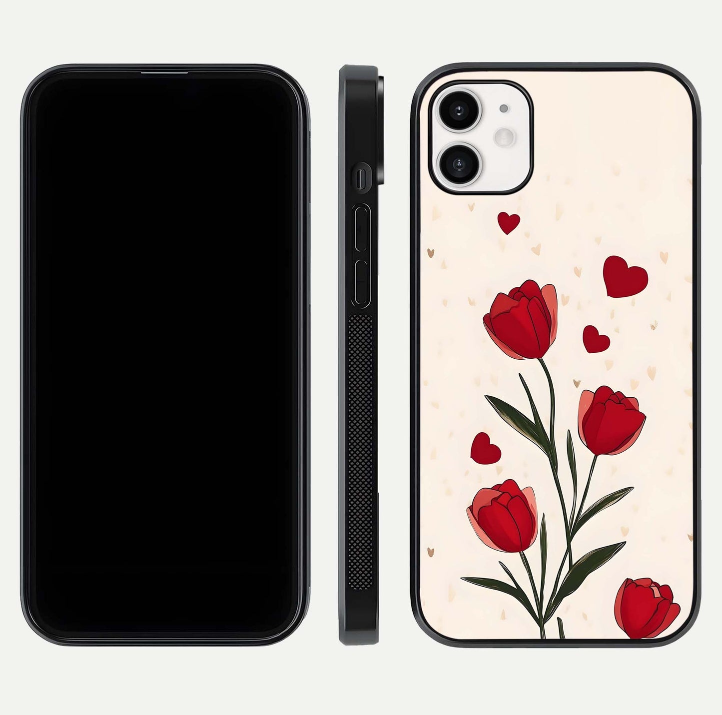 Tulip With Heart Glass Case for iphone-12 front & back layout showing heart motif and elegant gloss finish