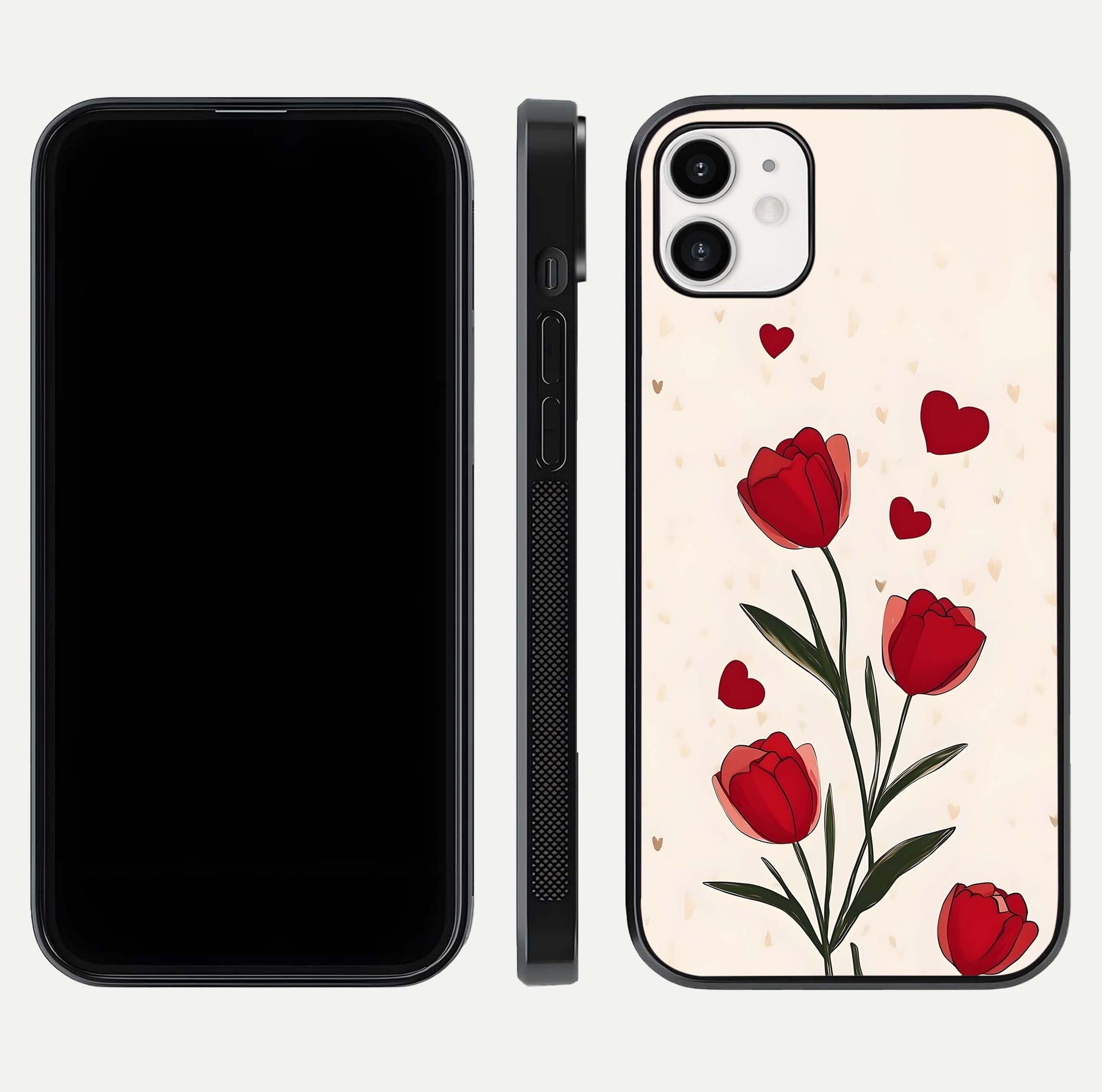 Tulip With Heart Glass Case for iphone-12 front & back layout showing heart motif and elegant gloss finish