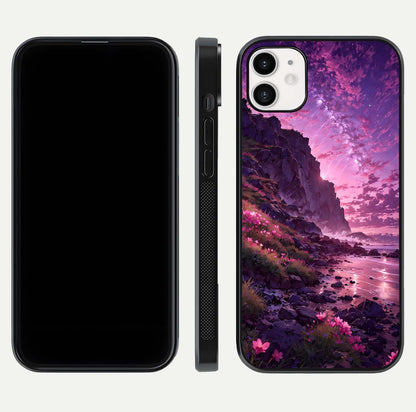 Twilight Blossom Coast Glass Case for iphone-12 front & back layout showing floral tones and curved edge