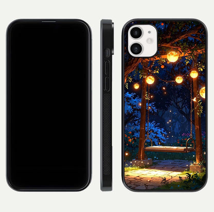 Twilight Garden Swing Glass Case for iphone-12 front & back layout showing garden art and clean edge