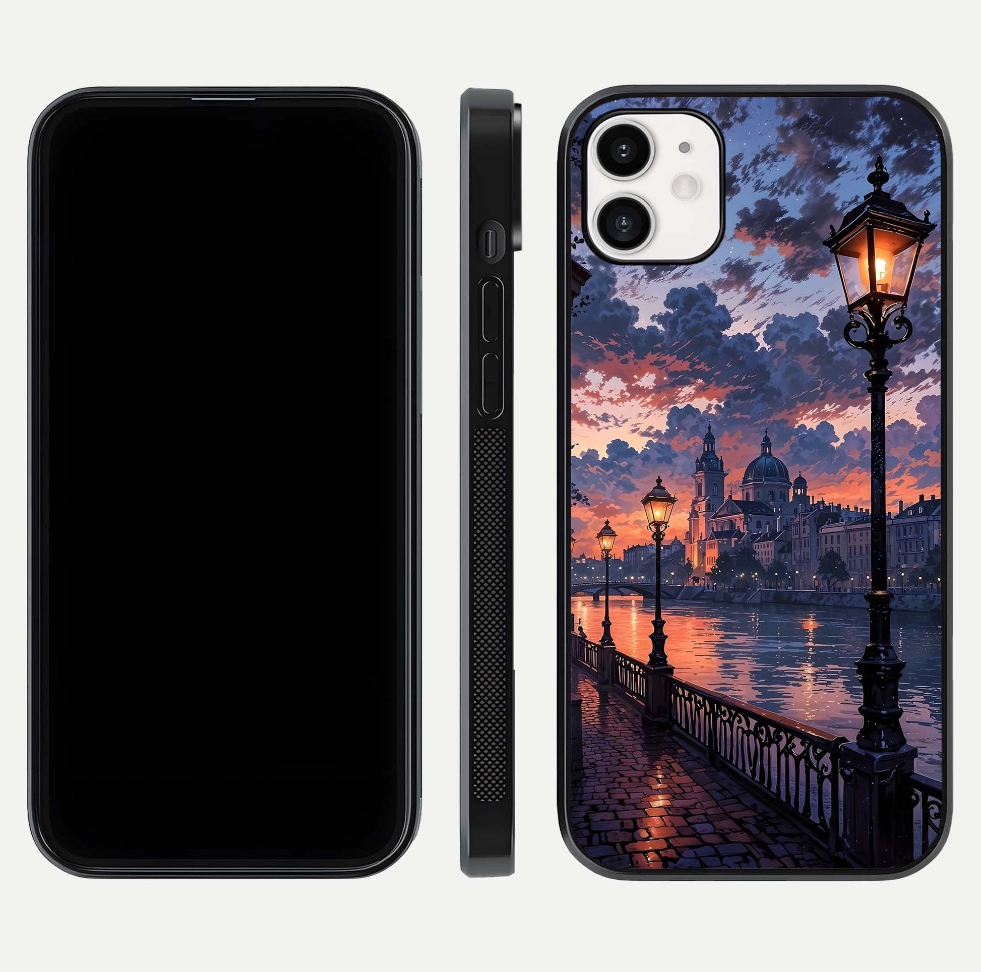 Twilight River Lights Glass Case for iphone-12 front & back layout showing scenic artwork and smooth curved edges