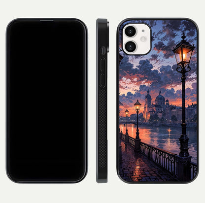 Twilight River Lights Glass Case for iphone-12 front & back layout showing scenic artwork and smooth curved edges