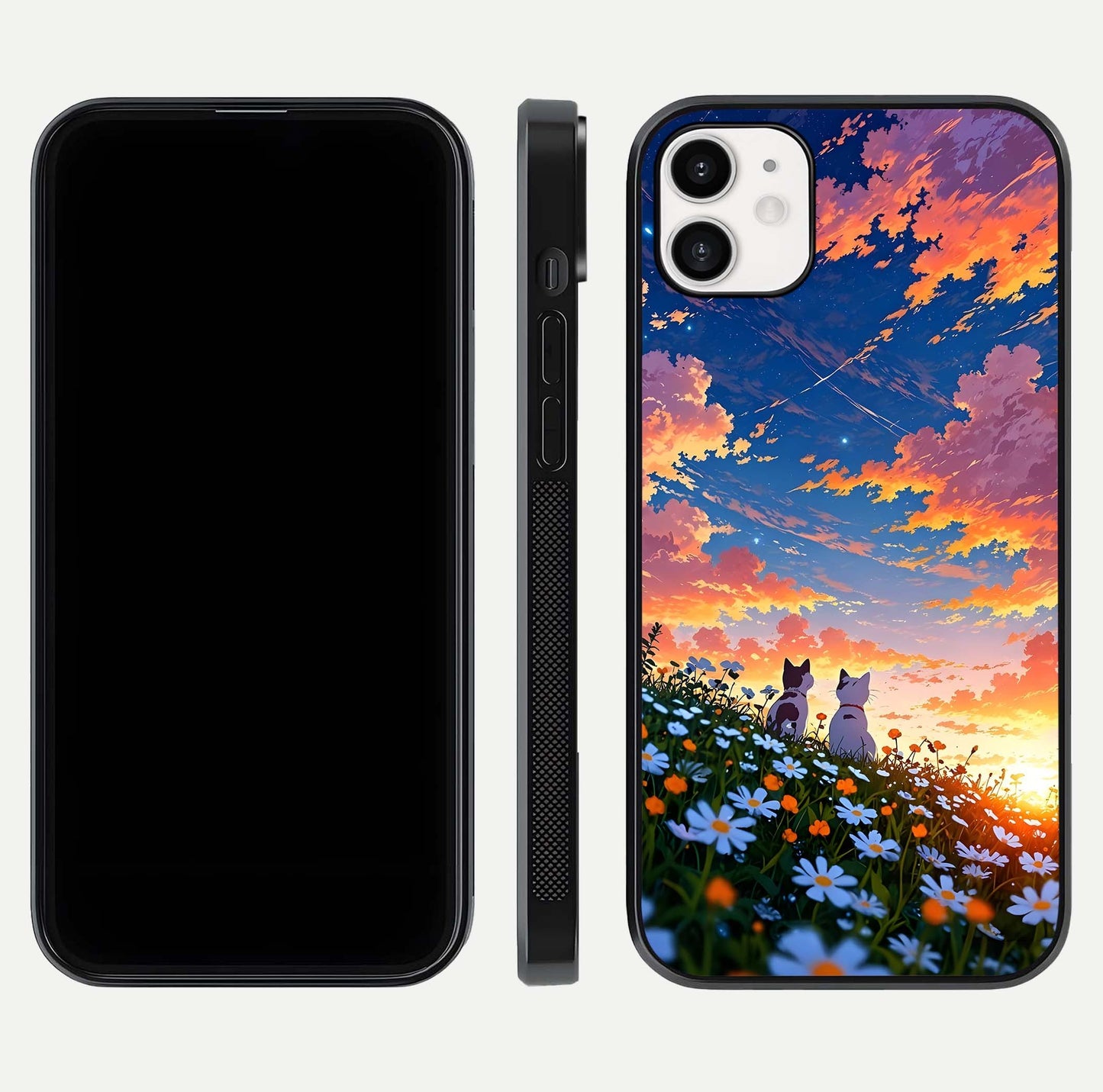 Two Cats Friends Glass Case for iphone-12 front & back layout showing friendly cat theme and edge design