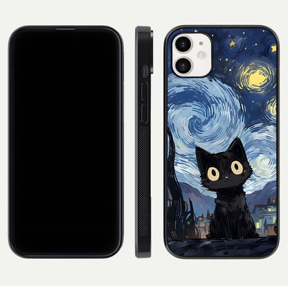 Van Gogh Cat Glass Case for iphone-12 front & back layout showing detailed art print and curved glass edges
