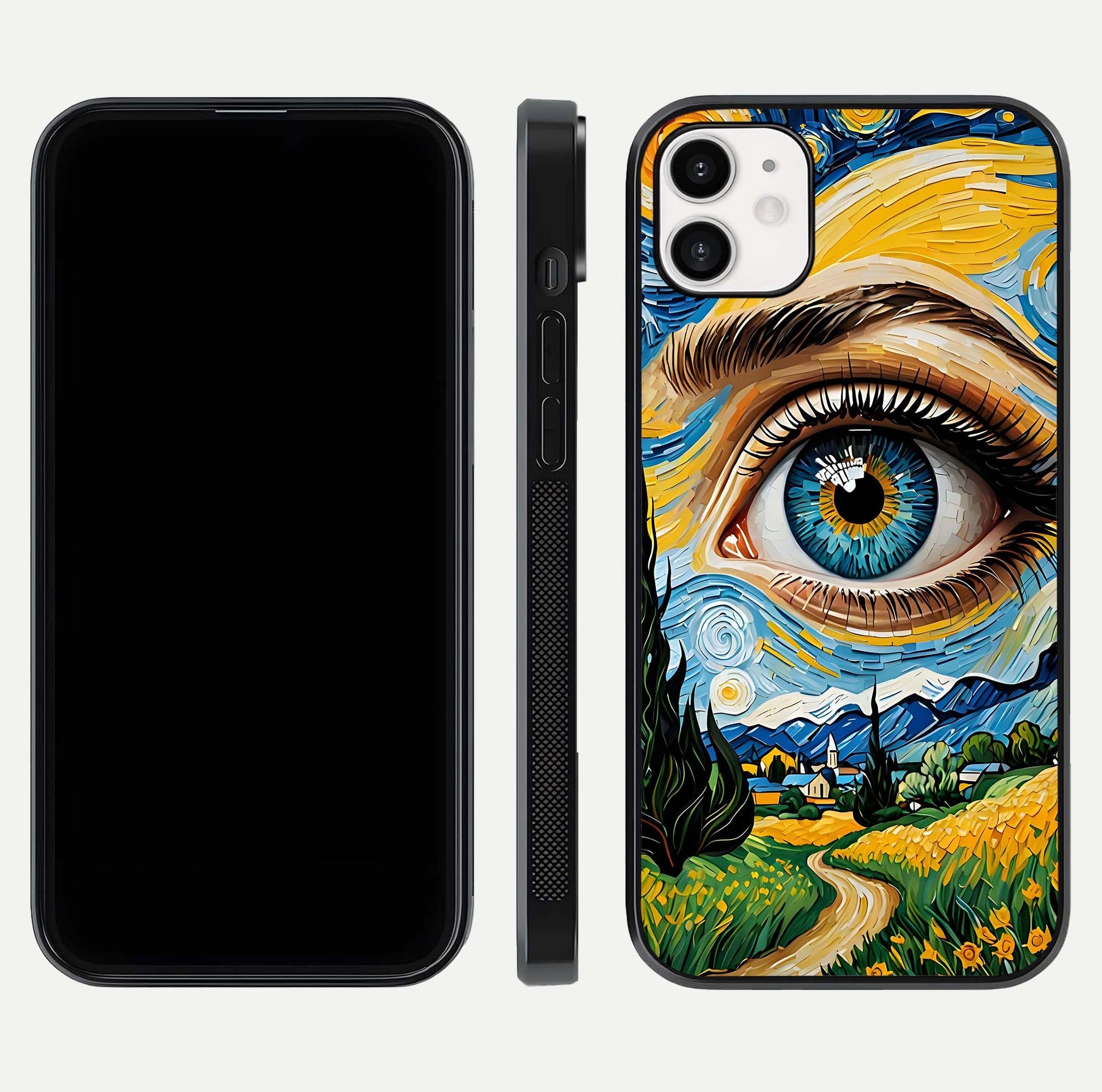 Van Gogh Eye Glass Case for iPhone 16 Pro front & back layout showing brushstroke detail and smooth finish
