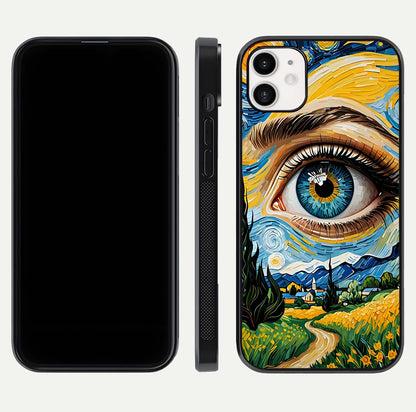 Van Gogh Eye Glass Case for iPhone 16 Pro front & back layout showing brushstroke detail and smooth finish